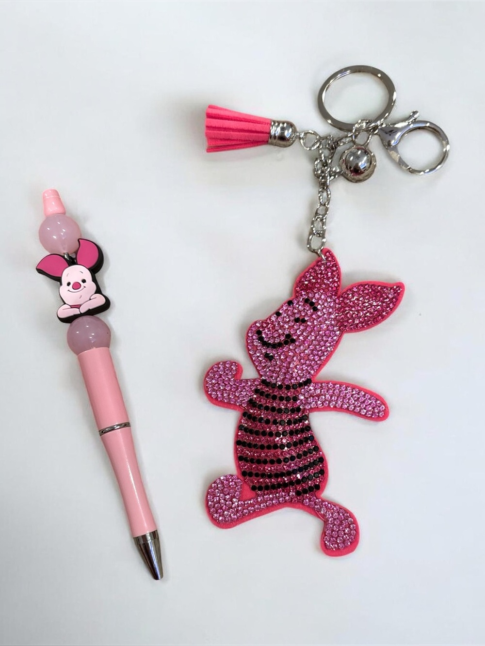 Pink Piglet Rhinestone Keychain with Tassel - and handmade Piglet beaded pen - Picture 1 of 1